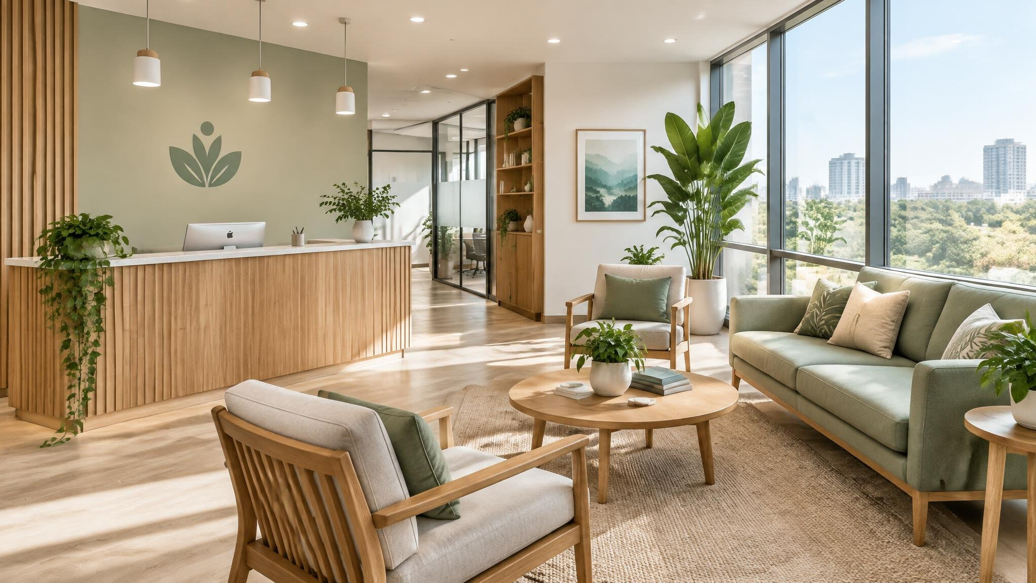 Reception desk area of a modern wellness consulting office