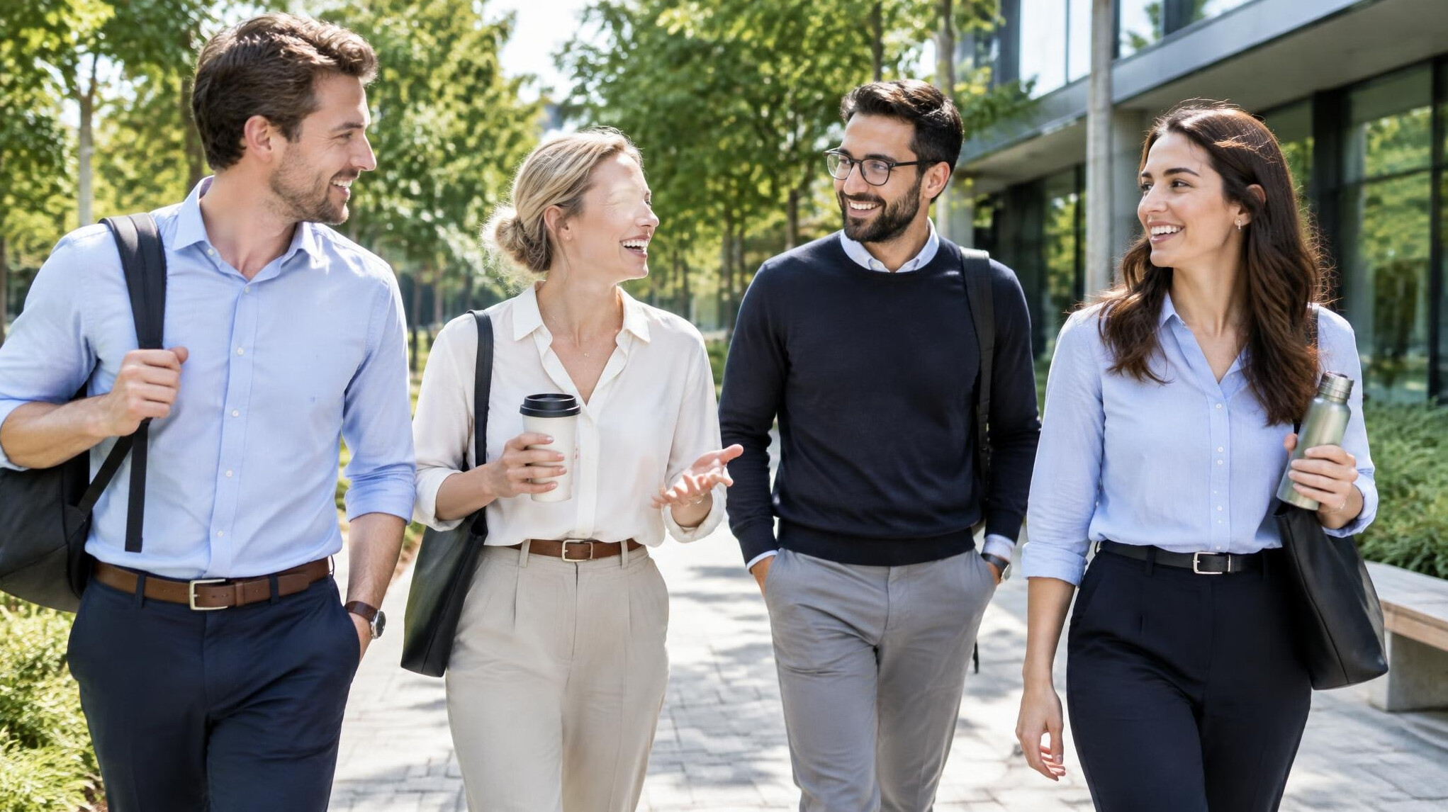 Group of employees walking outdoors during an active workplace break