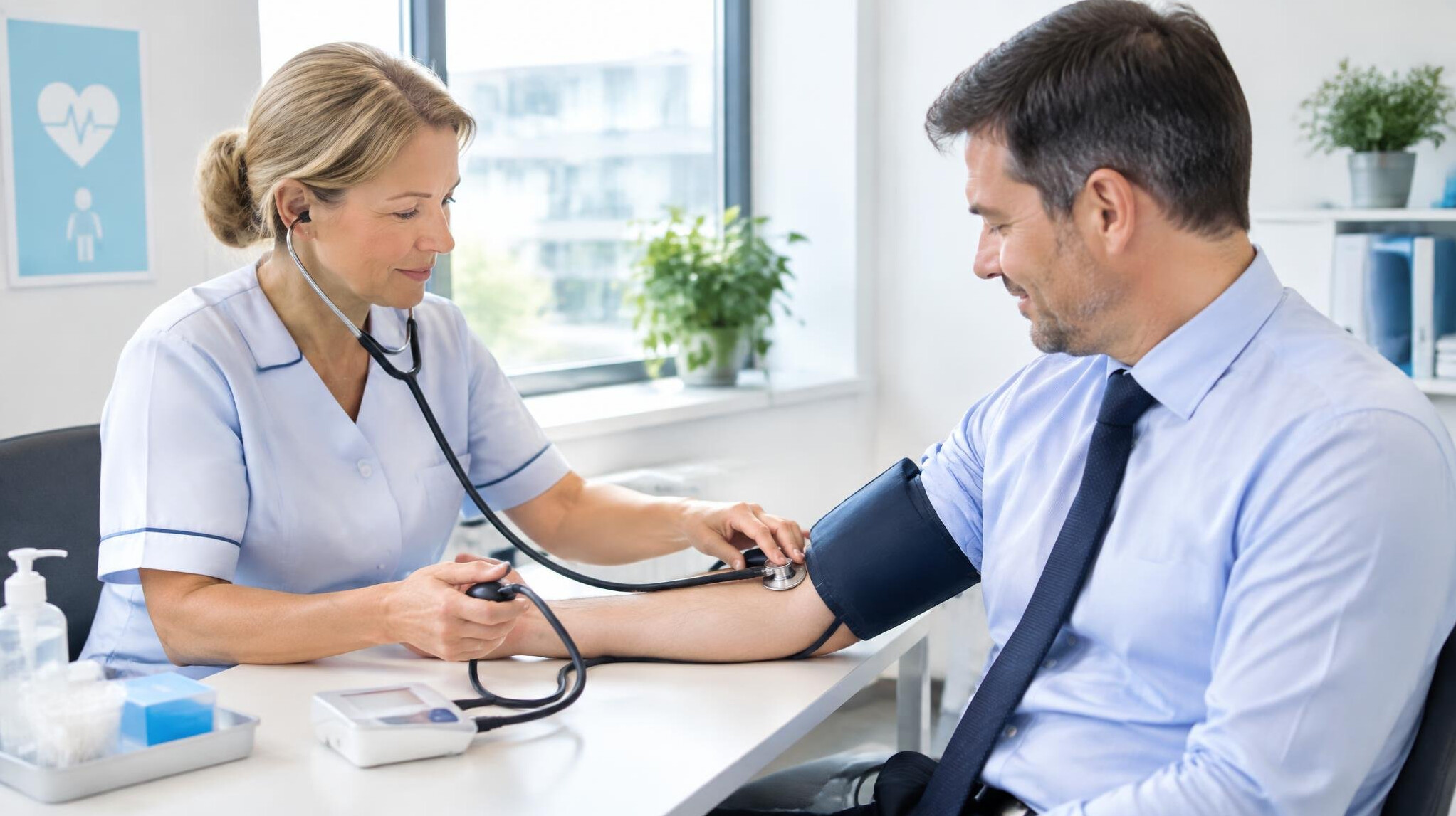Employee receiving a blood pressure check at an on-site health screening