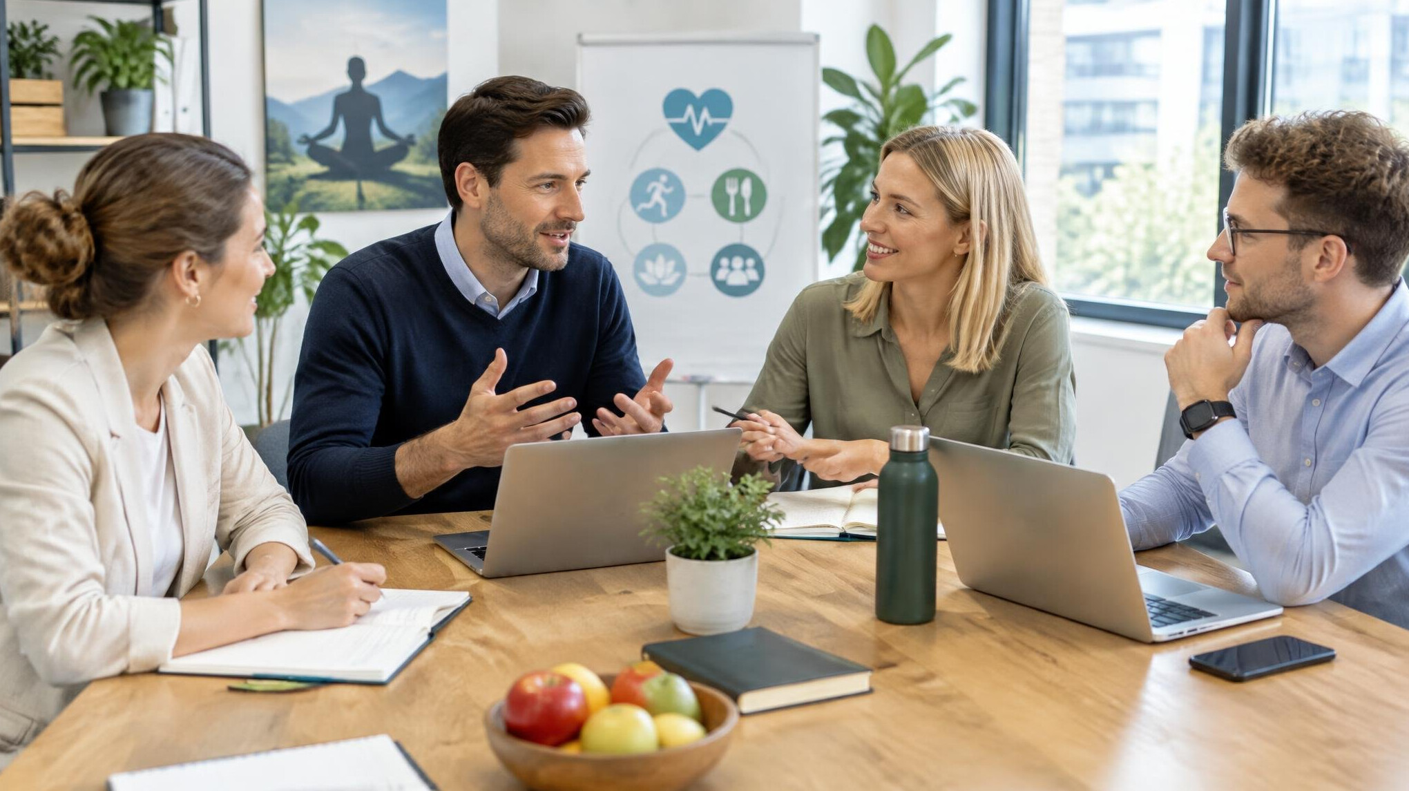 Wellness team meeting around a table discussing a corporate health program