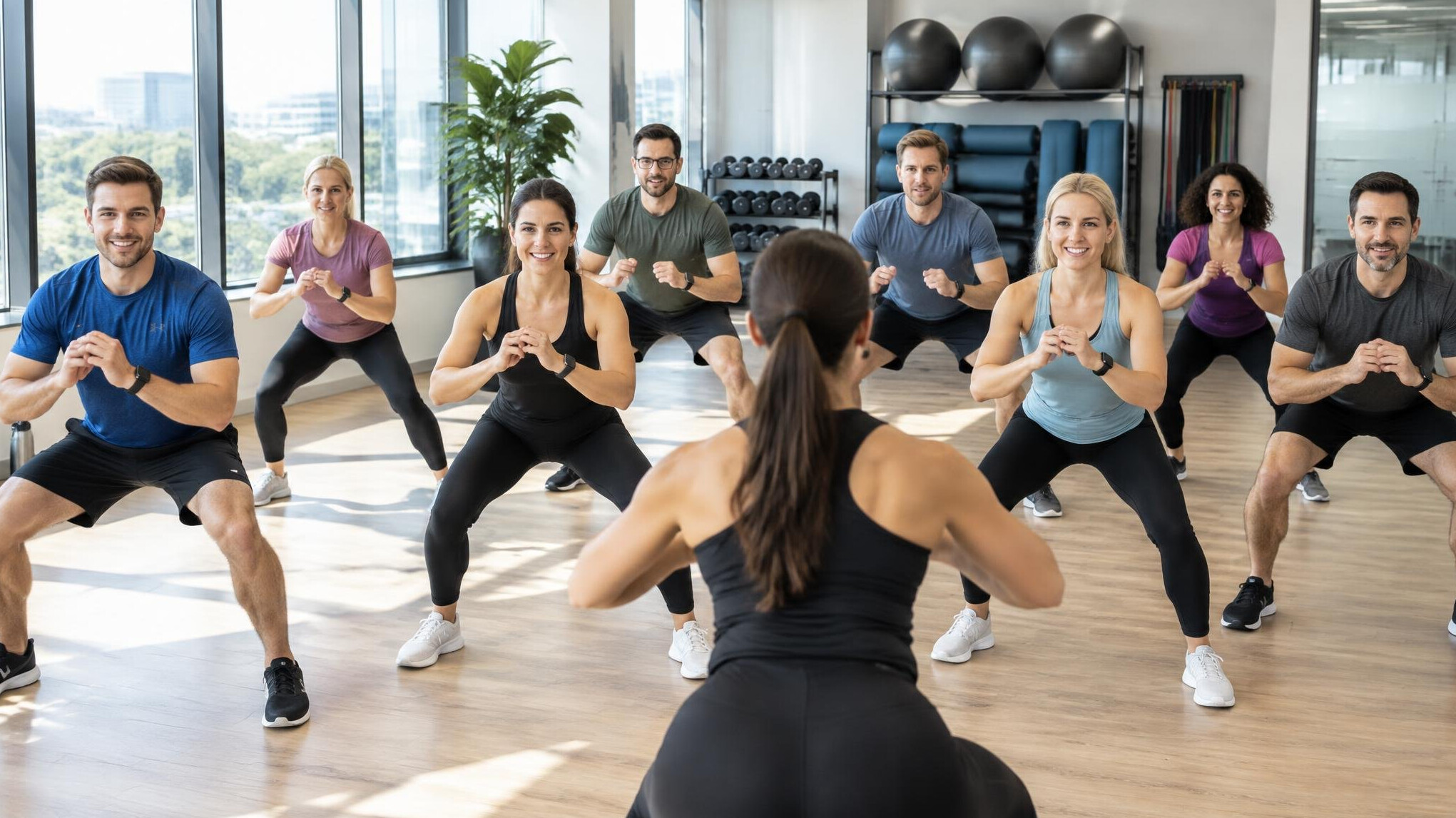 Group fitness class for employees in an office gym