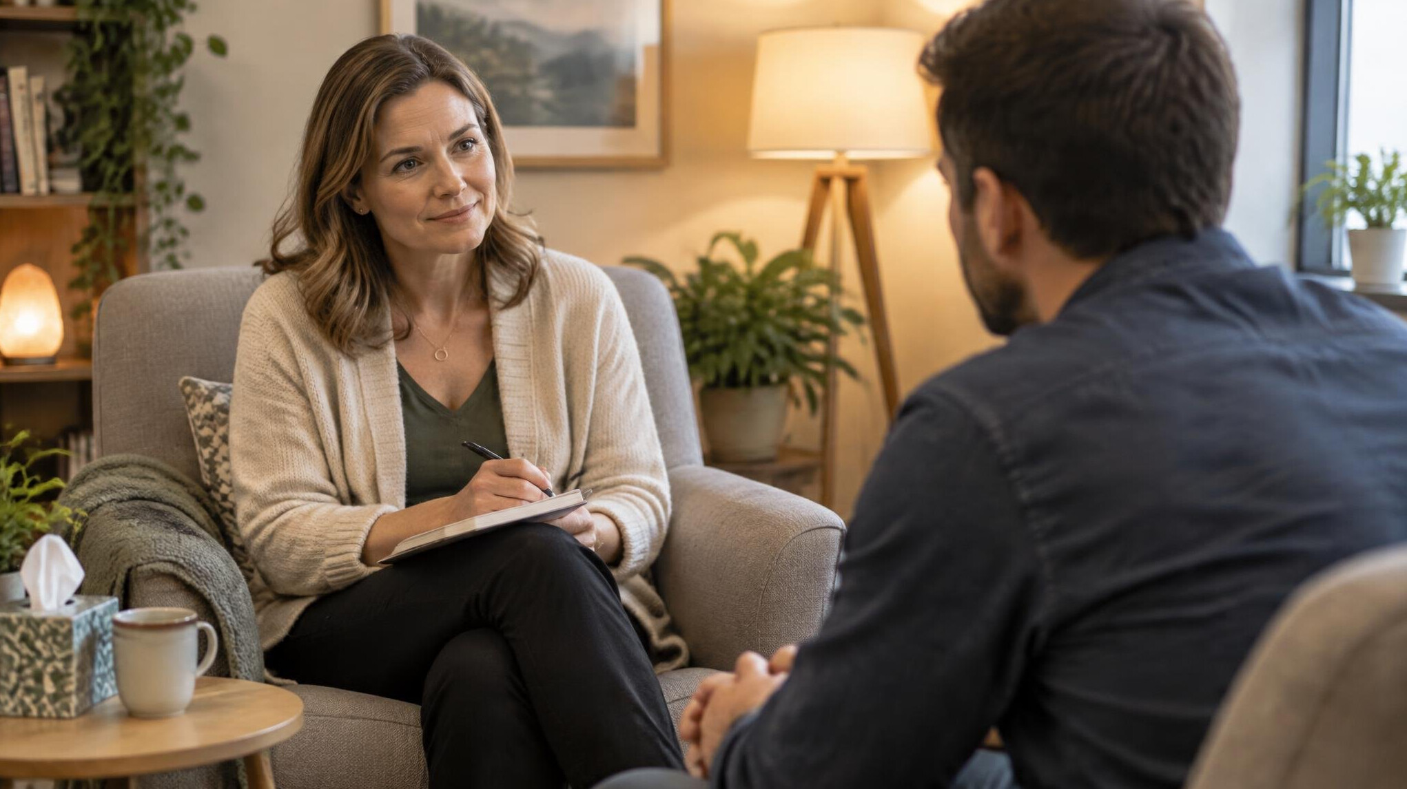Counselor having a supportive conversation with an employee in a cozy office nook