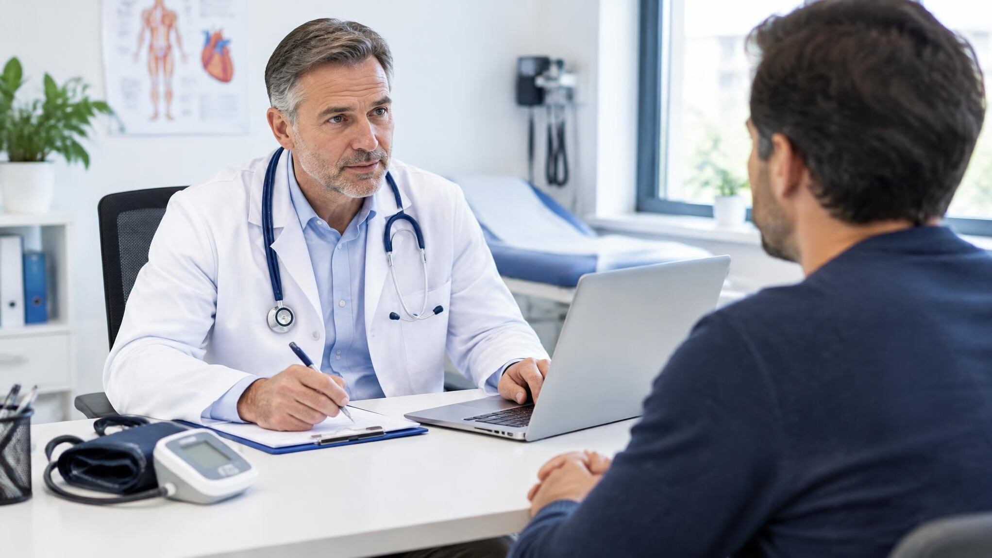 Doctor conducting a workplace health assessment with a laptop